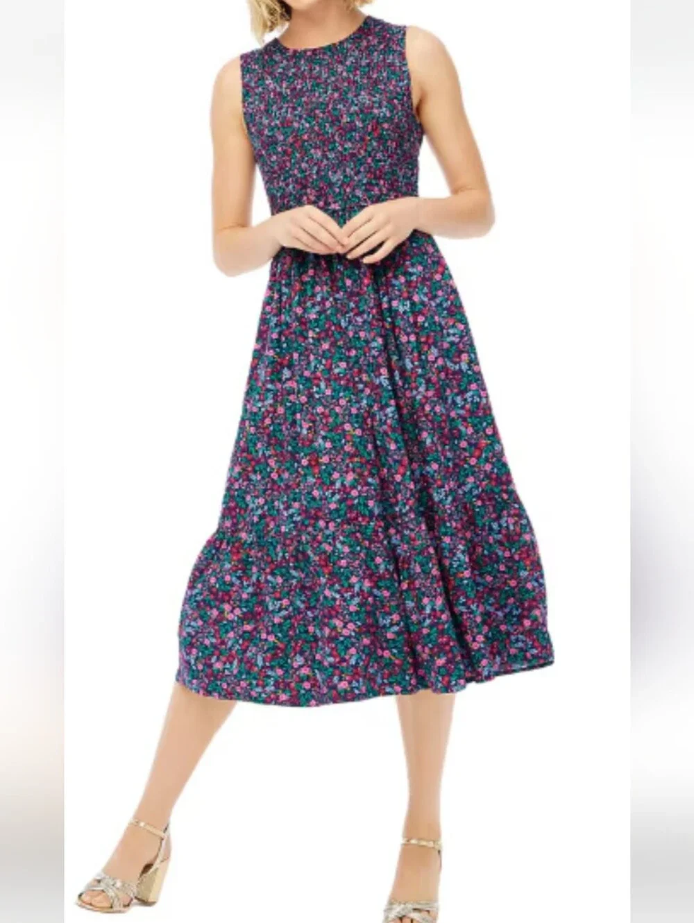 J. CREW Smoked Floral Midi Dress in Navy- Pink-Green Pockets,Zip On Back Size XL